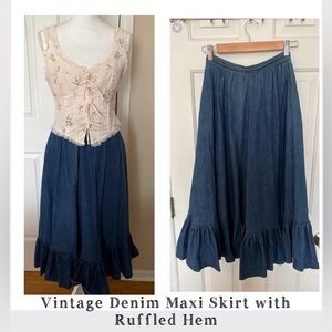 Vintage Liz Claiborne Denim Prairie Maxi Skirt with Ruffled Hem XS
